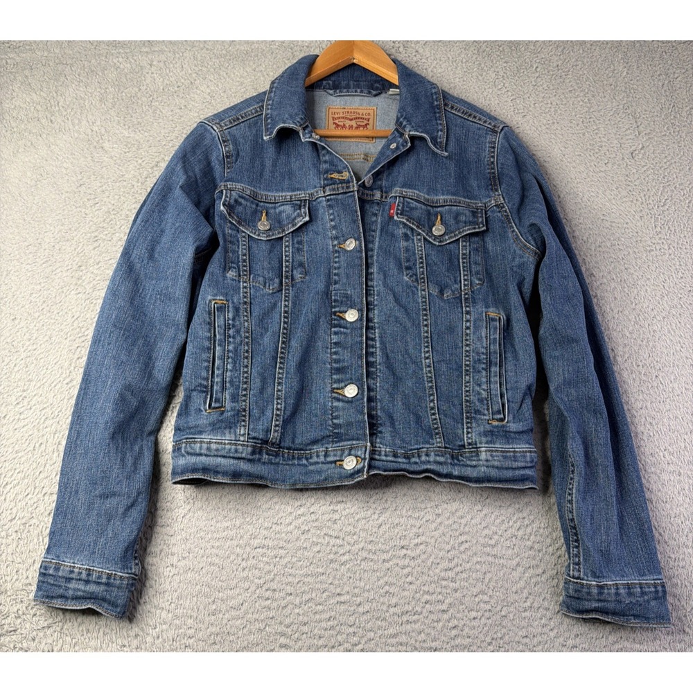 Levis Jean Jacket Womens XLARGE Blue Denim Trucker Button Front Long Sleeve XL
